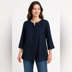 209 wst38 100% Linen Navy Blue Button Up Semi Sheer Tunic Top Sz 8 NWT